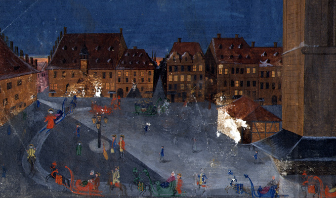Nächtliche Schlittenfahrt der Studenten auf dem Marktplatz, Halle, um 1775